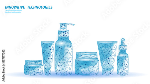 Polygonal cosmetics product line illustration. Contains cream, lotion, serum, and other beauty containers. Skincare, beauty tech, and online shop. Low poly, digital art, blue background
