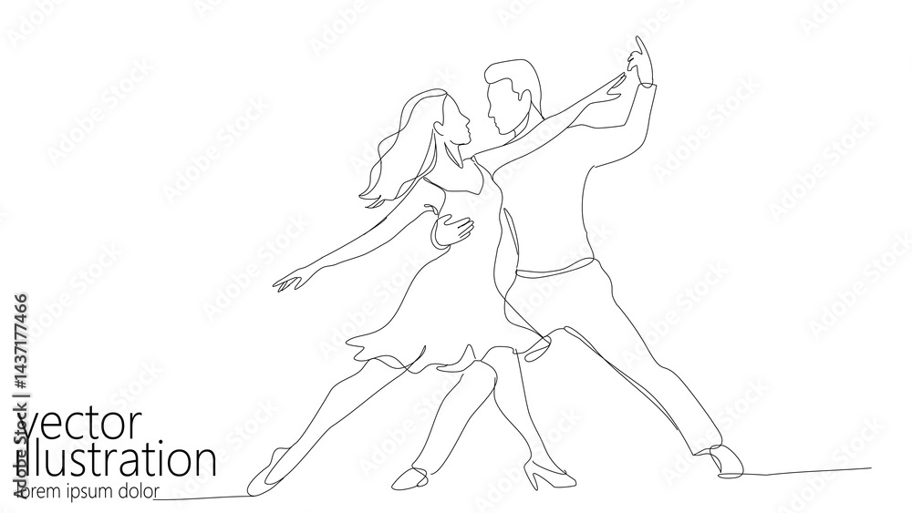 Fototapeta premium Continuous line drawing couple dancing. Woman wears dress man wears pants. Dance studio events wedding invitations cards. Minimalist style line art front view on white background