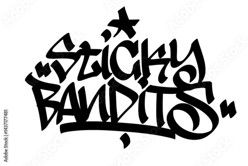 "Sticky Bandits" graffiti tag in bold, street art style. Hand-drawn letters with a rebellious, gritty vibe, perfect for urban culture, hip-hop themes, streetwear designs, and edgy digital art.