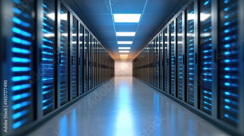 Server room corridor with rows of dark metal cabinets lit by blue lights, reflecting on the floor