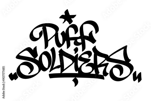 "Puff Soldiers" graffiti tag in bold, street art style. Hand-drawn lettering with a rebellious, urban vibe, perfect for cannabis culture, stoner themes, streetwear designs, and high-energy digital art