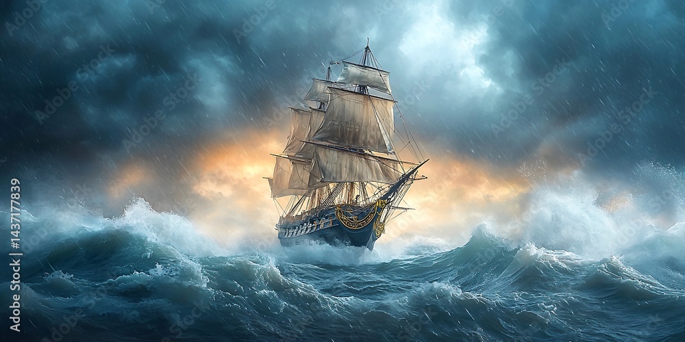 Fototapeta premium Intrepid pirate ship battling against a ferocious storm with dark clouds and high waves in the ocean