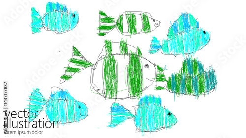 Colorful fishes childish drawing illustration. Fishes different sizes and patterns. Kids books educational materials marine themed designs. Childish doodle style white background