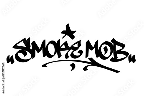 "Smoke Mob" graffiti tag in bold, street art style. Hand-drawn lettering with an edgy, urban vibe, perfect for cannabis culture, streetwear designs, stoner themes, and high-energy digital art projects