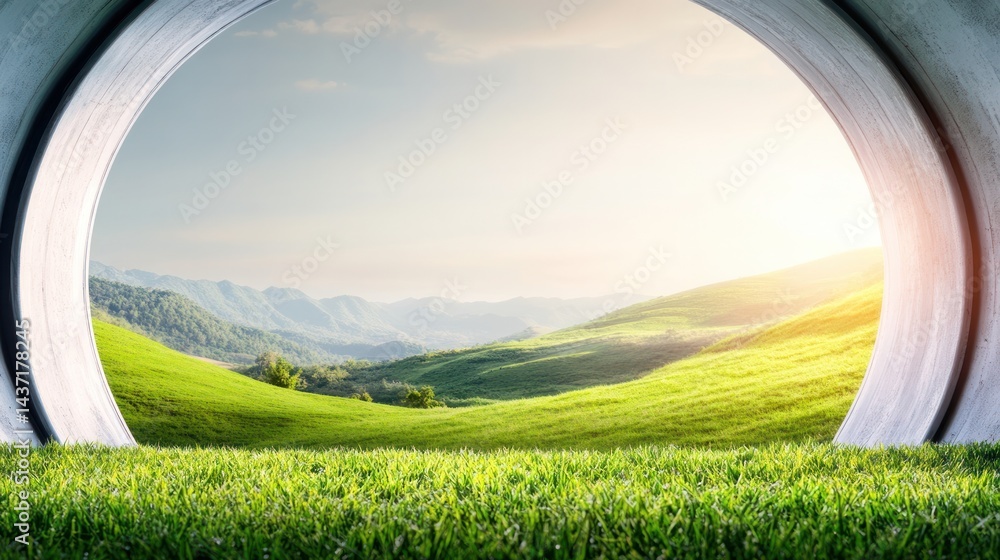 Fototapeta premium Scenic Vista: A breathtaking landscape framed by an architectural structure. Rolling hills, lush green fields, and the sun. A scene that evoke feelings of peace and wonder.