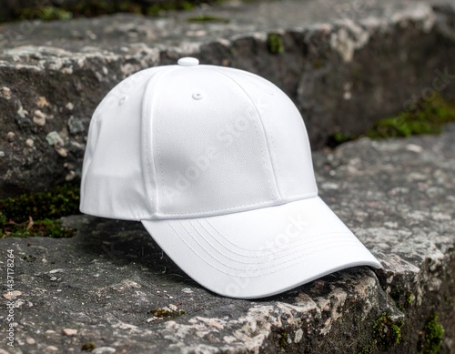 White Sports Cap Mockup on Rugged Stone Steps with Moss and Natural Lighting