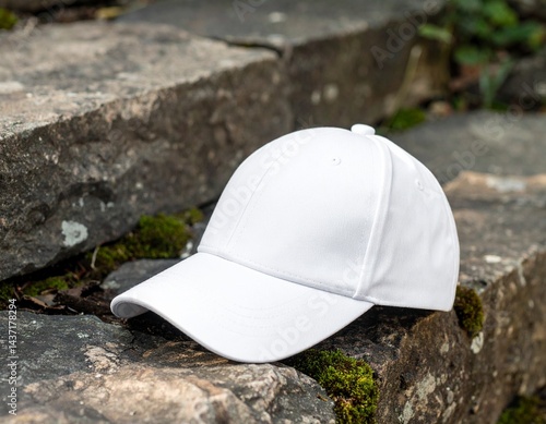 White Sports Cap Mockup on Rugged Stone Steps with Moss and Natural Lighting