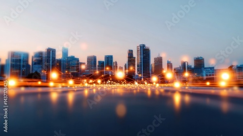 Wallpaper Mural Cityscape at Twilight: An evocative view of a modern metropolis comes alive in the twilight hours, with gleaming lights reflecting on calm water.  Torontodigital.ca