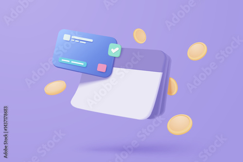3d passbook with credit card and money coin in purple background. financial online purchase and transaction, funds transfers banking payment concept. 3d money saving vector render illustration