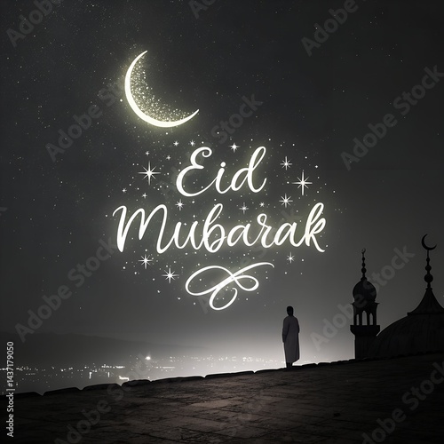 Eid Mubarak Calligraphy with Crescent Moon – Minimal White Glowing Text on Black Background