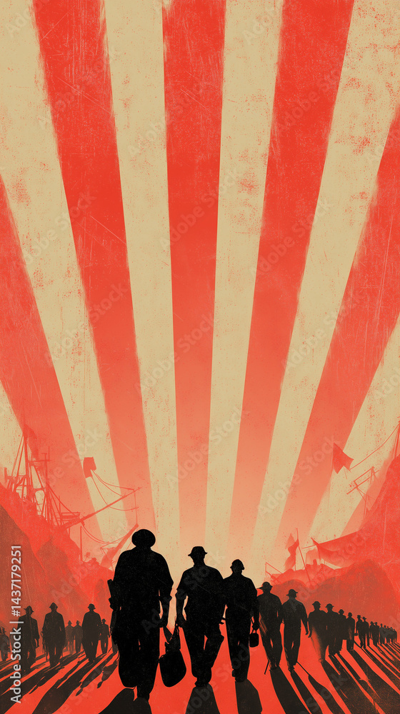 Fototapeta premium Classic vintage minimalist International Workers Day poster, silhouette image of workers walking on red and white striped background, ai generated images.