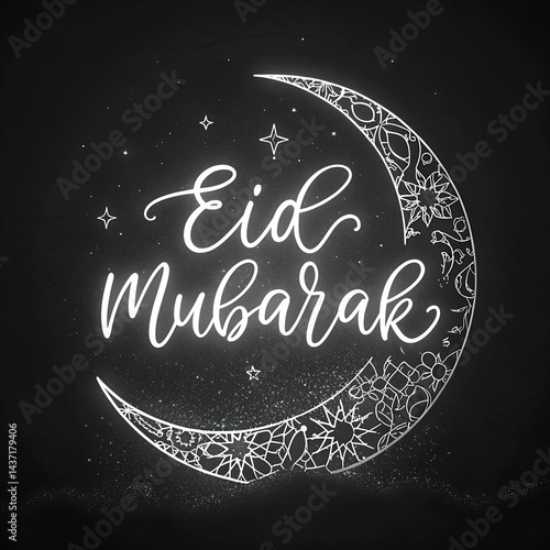 Eid Mubarak Calligraphy with Crescent Moon – Minimal White Glowing Text on Black Background