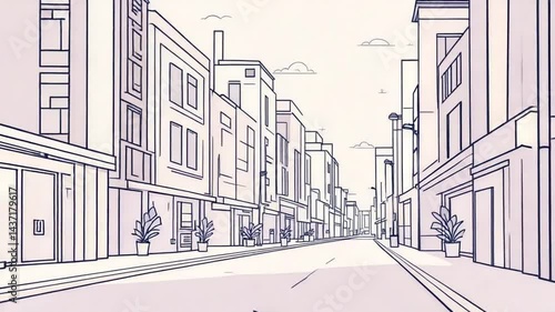 Cityscape animation of a quiet downtown street with minimalist line art style illustration