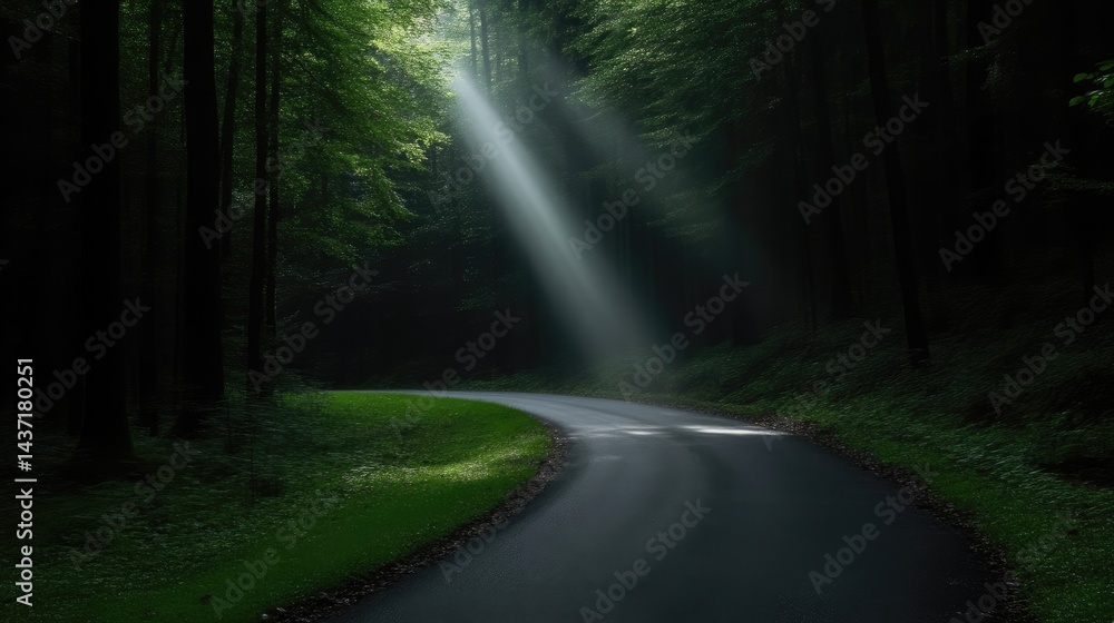 Obraz premium Sunlight Piercing Dark Forest Road