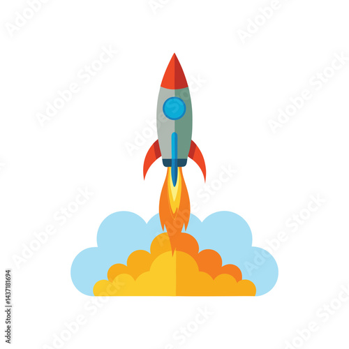 Rocket launching with flames and smoke, vector illustration design on a white background.