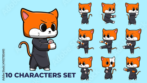 Cartoon Cat Wing Chun Illustration Collection with various poses, ideal for animation and web design projects