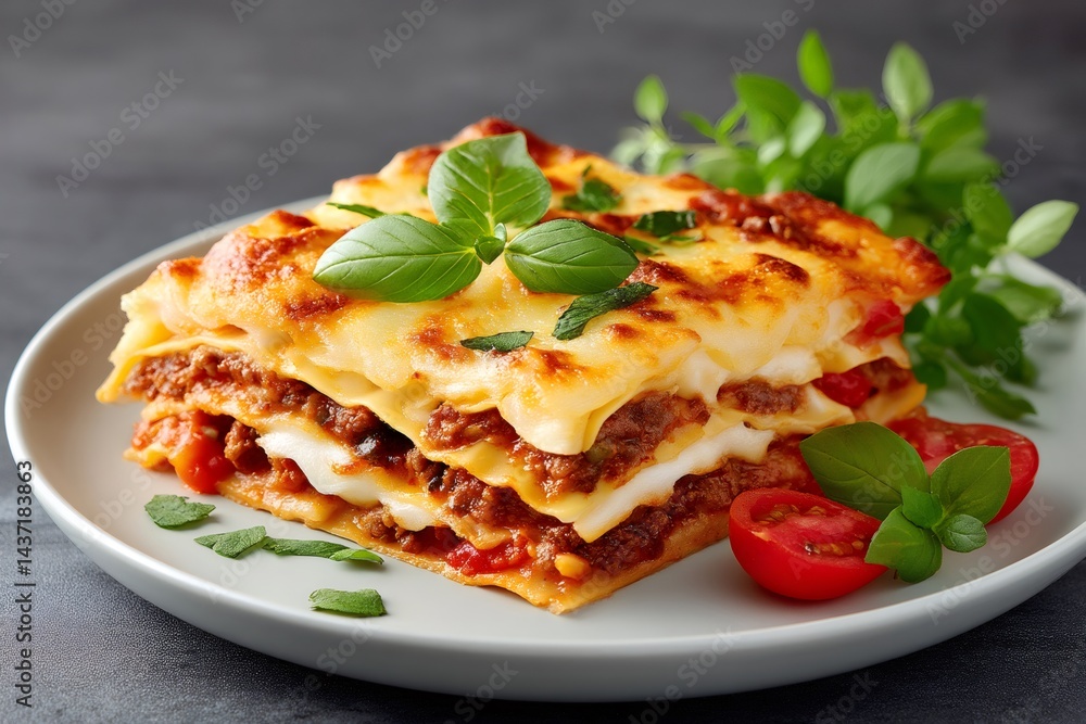 Delicious lasagne bolognese with melted cheese and basil leaves decorating a plate Delicious lasagne bolognese with melted cheese and basil leaves decorating a plate