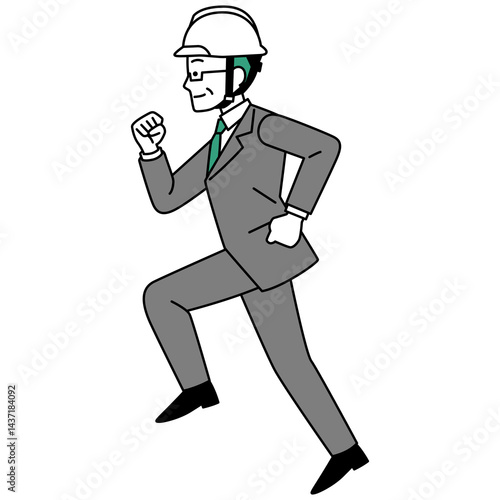 走るスーツにヘルメットの中年男性（横向き）