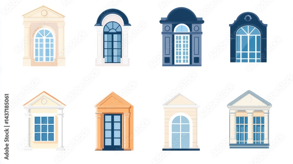 Obraz premium Eight architectural window designs, various styles, white background, for design use
