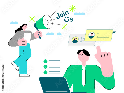 채용 및 팀워크 비즈니스 일러스트 3 - Hiring and Teamwork Business Illustration Set for job recruitment, collaboration themes, and online HR platform design