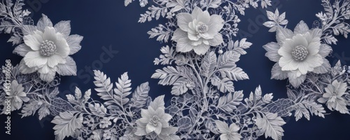 Intricate white floral lace on deep indigo gradient , twig, texture overlay