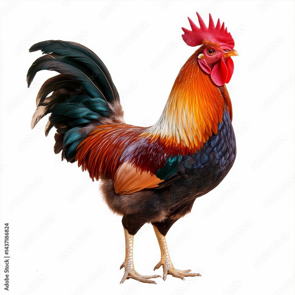 Fototapeta premium Colorful Rooster with Iridescent Feathers Isolated on White