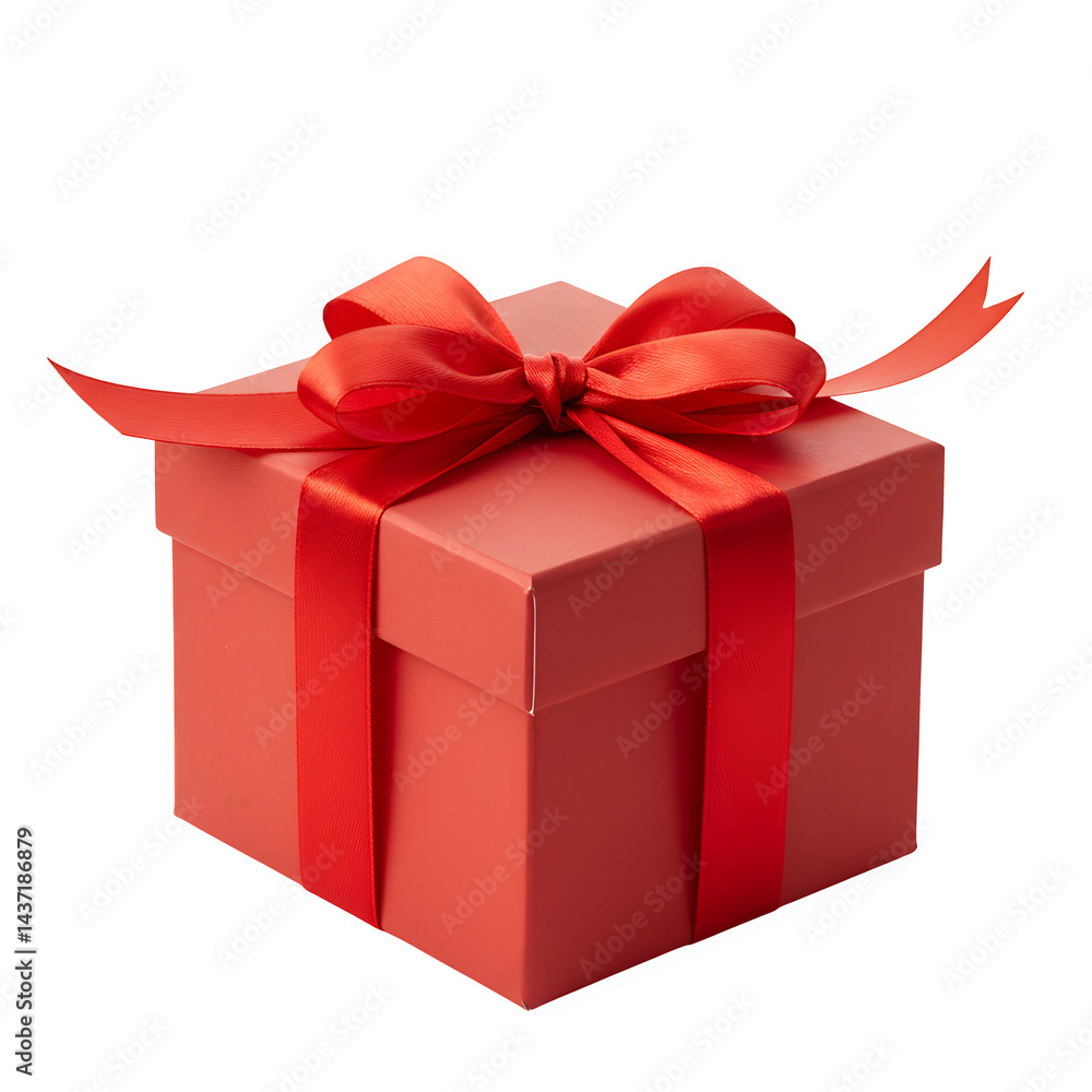 Fototapeta premium Red gift box with red ribbon and red bow on white or transparent background, PNG