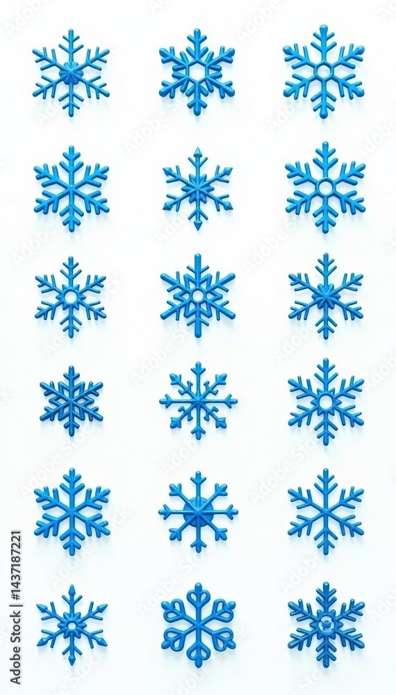 Set of intricate blue snowflake icons in varying sizes and styles, cold, isolated Set of intricate blue snowflake icons in varying sizes and styles, cold, isolated