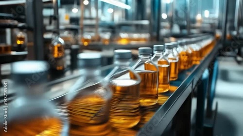 Wallpaper Mural Golden liquid bottles move along factory conveyor under industrial lighting
 Torontodigital.ca