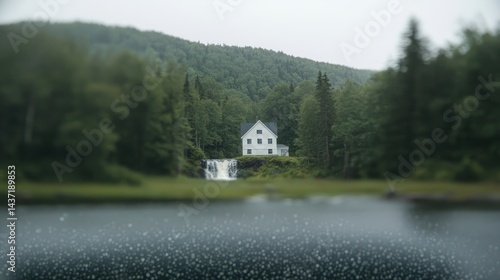 Rustic house nestled in a lush forest, overlooking a waterfall and lake