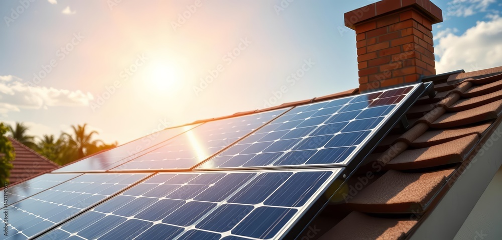 Obraz premium Close-up of solar panel on residential roof, sunny sky, technology, sun