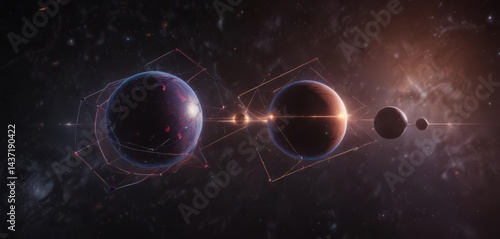 Geometric constellation lines, vibrant planets, glowing orbs ,  green,  pattern