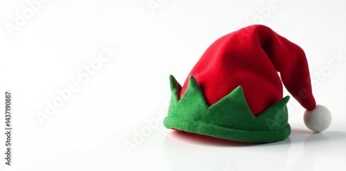 Festive red and green elf hat with jingle bells on white background, decoration, jingle bells