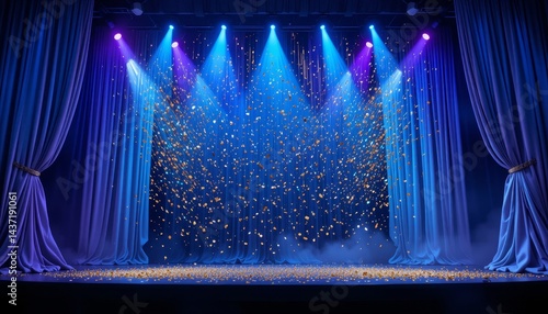 Prom Background. Stage with Blue Curtains and Confetti Falling Under Spotlights