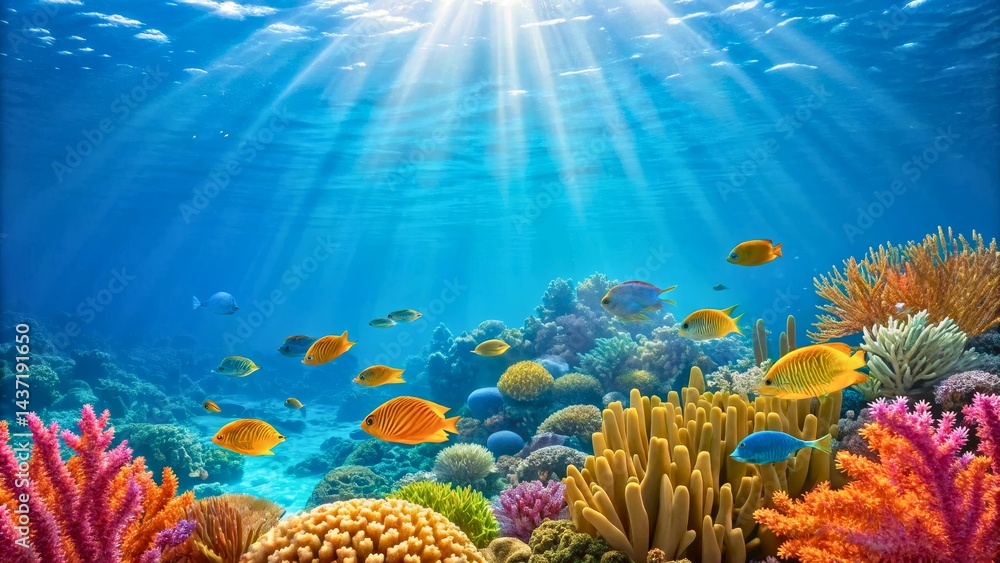 Naklejka premium Vibrant Underwater Scene with Colorful Coral Reef and Tropical Fish Swimming