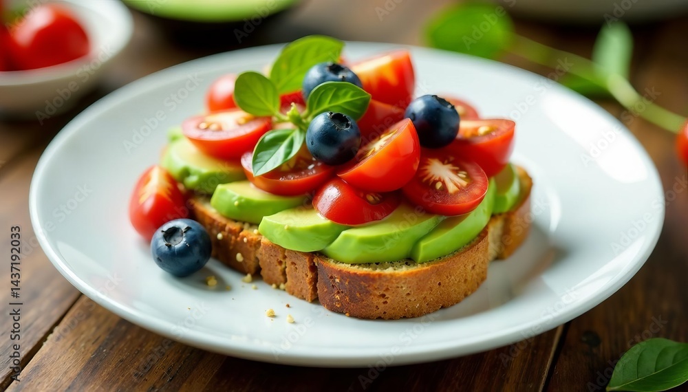 Fresh avocado toast with sliced tomatoes, arugula, and berries on a white plate, berries, healthy Fresh avocado toast with sliced tomatoes, arugula, and berries on a white plate, berries, healthy