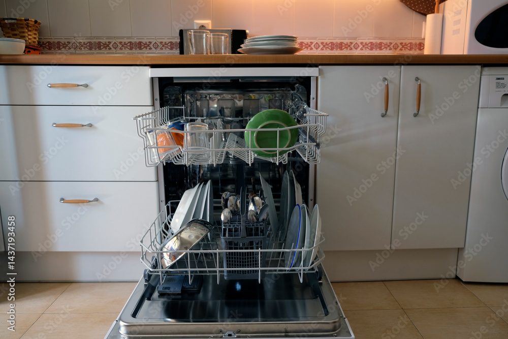 Modern Kitchen With Open Dishwasher Loaded With Clean Dishes and Utensils Modern Kitchen With Open Dishwasher Loaded With Clean Dishes and Utensils