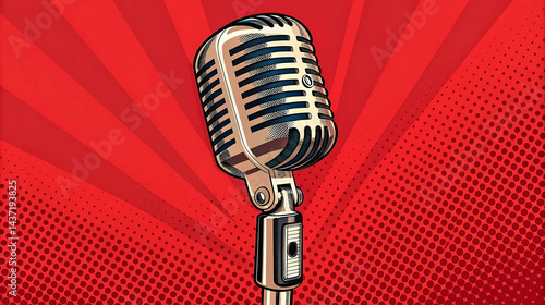 Retro microphone illustration with bold red pop art background, great for music events, podcast covers, retro party posters, vintage communication themes, broadcasting ads