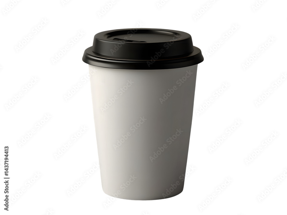 White Takeaway Coffee Cup with Black Lid on Transparent Background White Takeaway Coffee Cup with Black Lid on Transparent Background
