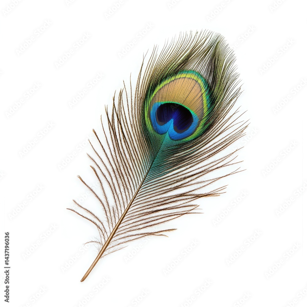 Fototapeta premium A close-up of a beautiful, colorful peacock feather with a distinctive eye pattern, isolated on a white background, showcasing its natural elegance
