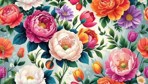 Seamless Vibrant Floral Pattern with Colorful Peonies and Tulips – Botanical Illustration Design