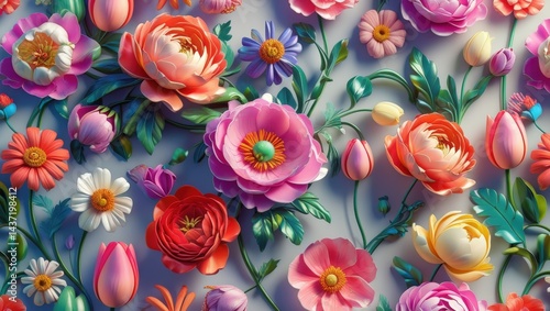 Colorful 3D Flower Illustration with High Detail – Seamless Background