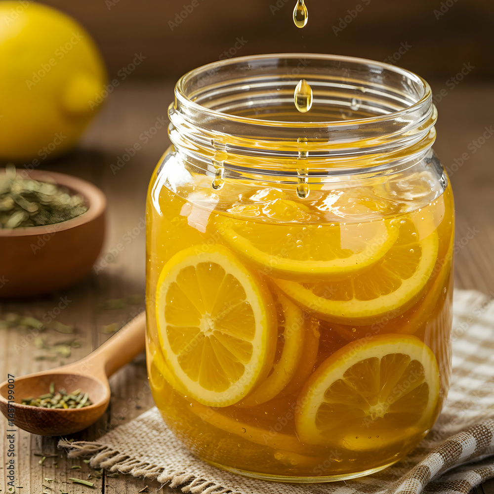 A glass jar filled with lemon slices and liquid, with a lemon and herbs on a wooden surface near A glass jar filled with lemon slices and liquid, with a lemon and herbs on a wooden surface near