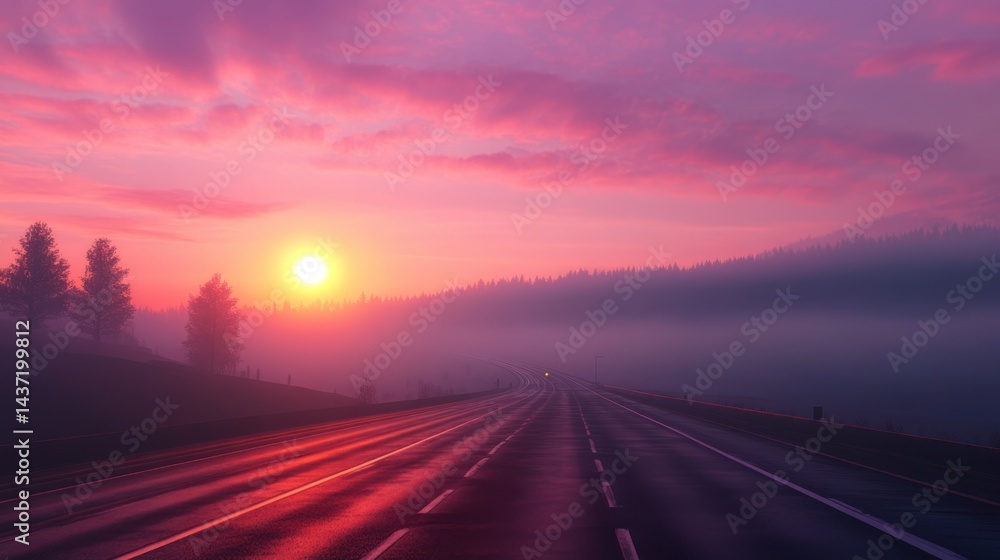 Fototapeta premium Vibrant sunrise illuminating a lonely highway vanishing into misty mountains