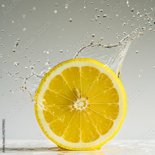 A vibrant lemon slice surrounded by splashing water droplets against a neutral backdrop image