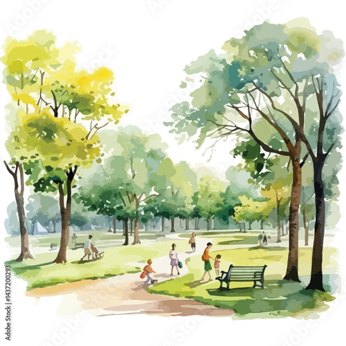 watercolor A park with people enjoying the outdoors illustration