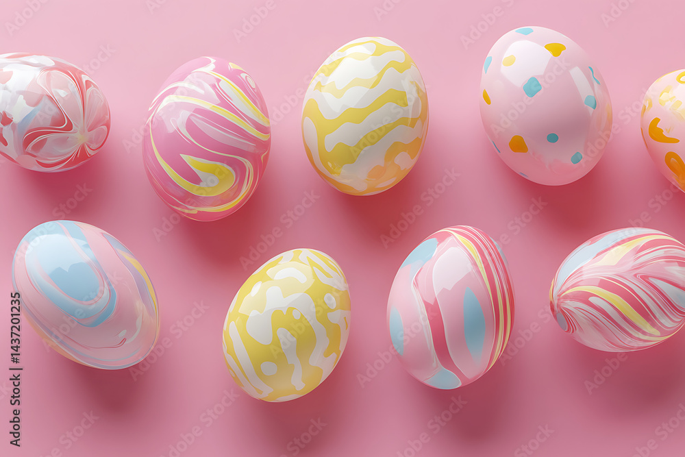 Colorful Easter eggs with unique patterns arranged on a pink surface, creating a festive atmosphere Colorful Easter eggs with unique patterns arranged on a pink surface, creating a festive atmosphere