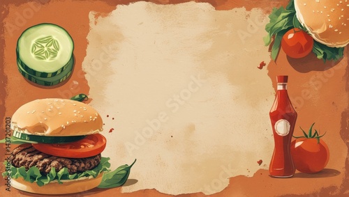 Vintage Burger Menu Background with Warm Tones and Illustrated Ingredients