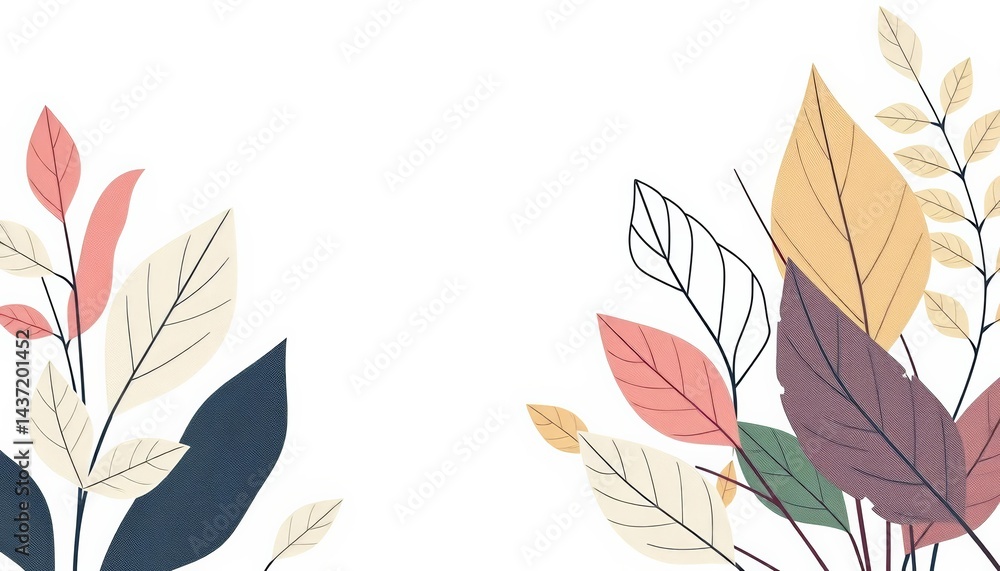 Fototapeta premium Elegant abstract botanical collage of minimalist line art leaves; ample negative space, foliage, texture