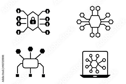 Abstract digital futuristic circuit board with glowing white and blue elements, technological interface, data network, technology concept, tech line art icon set